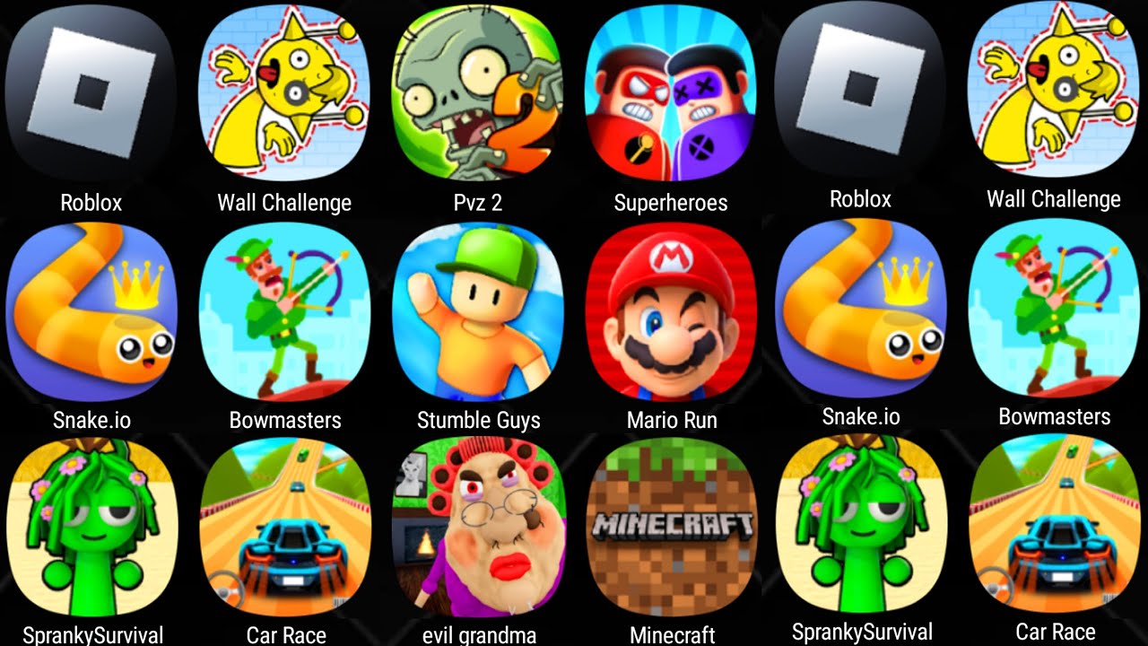 Minecraft,Stumble Guys,Plants Vs Zombies 2,Roblox,Bowmasters,Race Master 3D,Spranky Survival,Snake.i