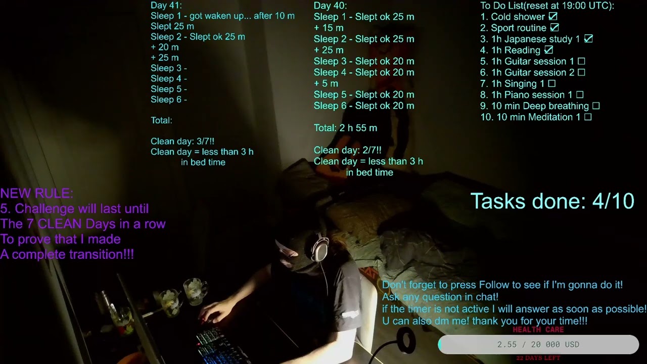 (2h sleep per day)(Uberman)[Day 41]Polyphasic sleep transition(24 h stream everyday) Part 2