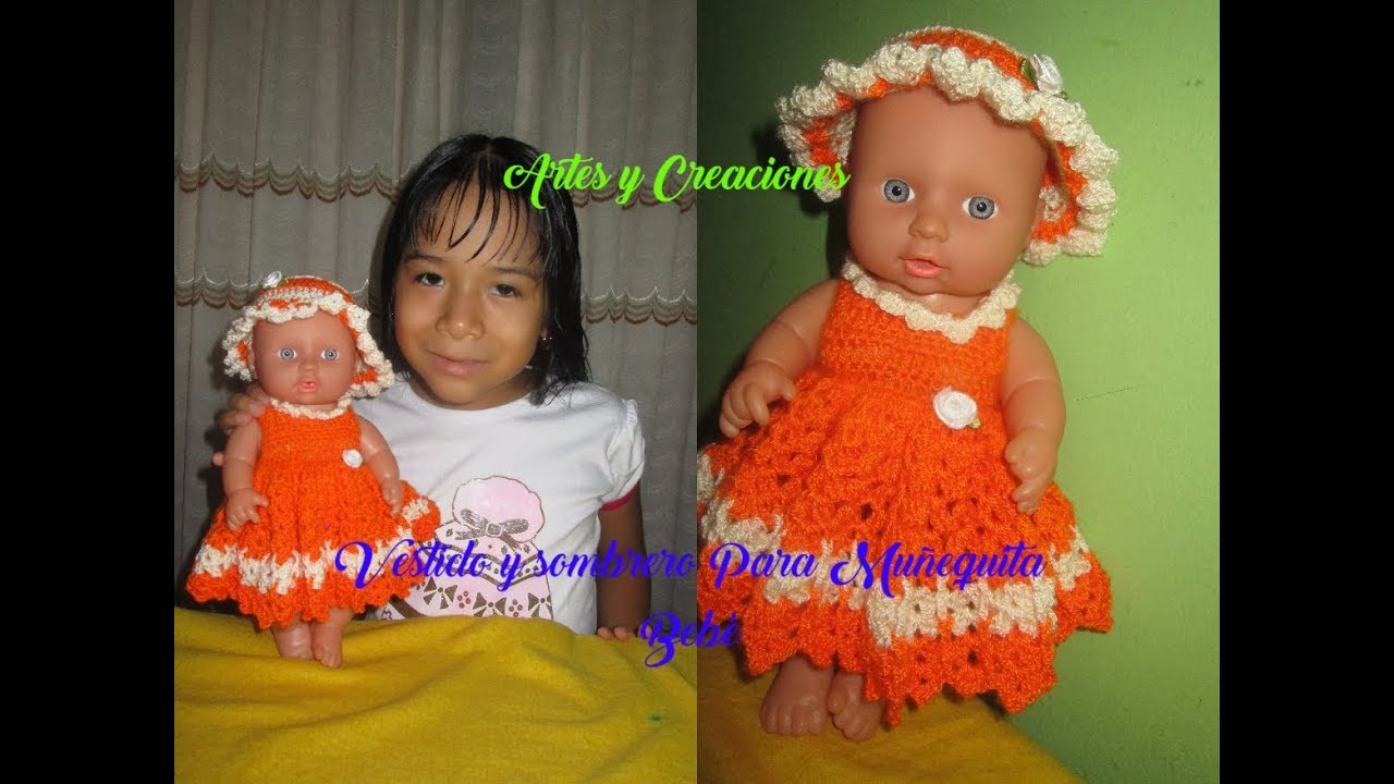 VESTIDO Y SOMBRERO PARA MUÑEQUITA BEBE A CROCHET.