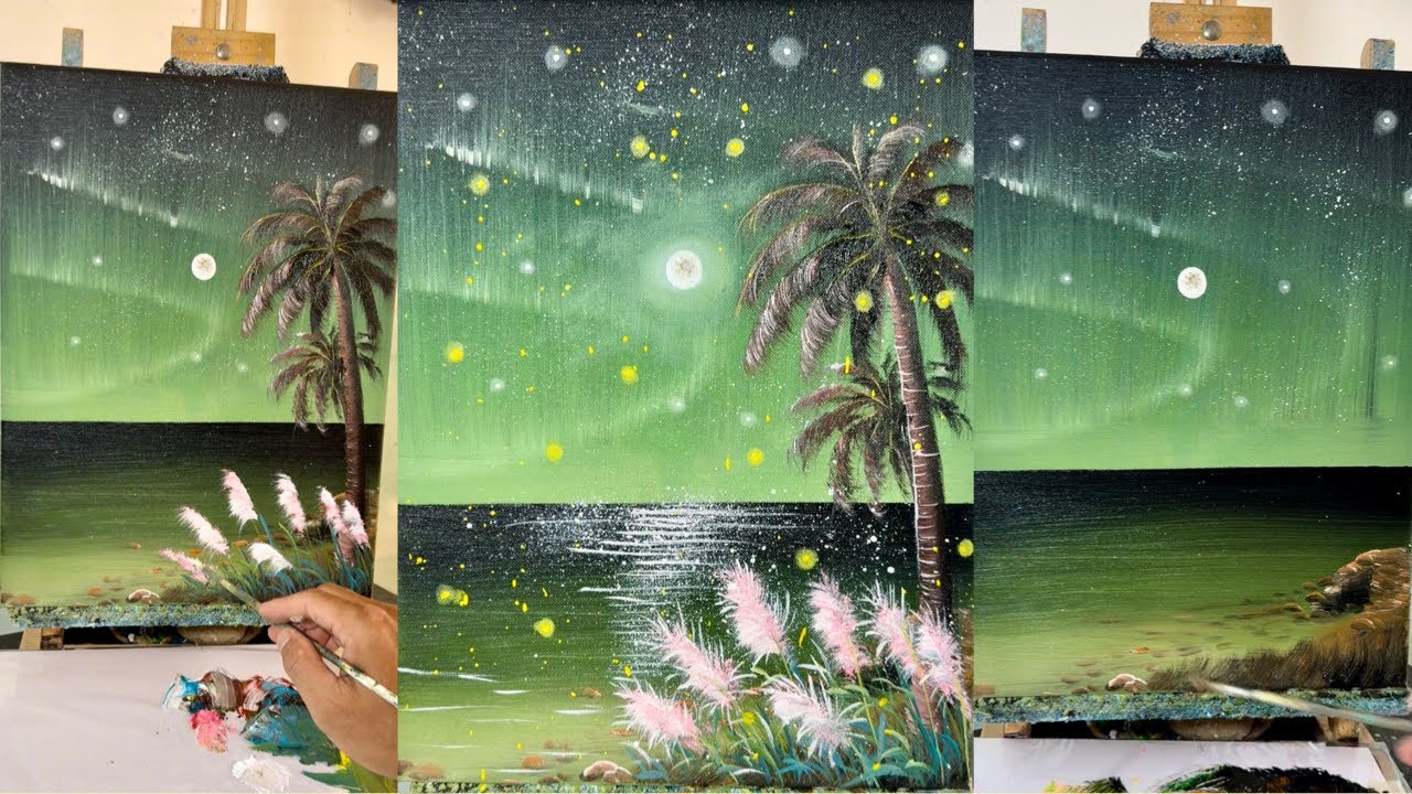 Step-by-Step Acrylic Painting Tutorial | Palm Tree & Pampas Grass Under Starry Night Moon Reflection