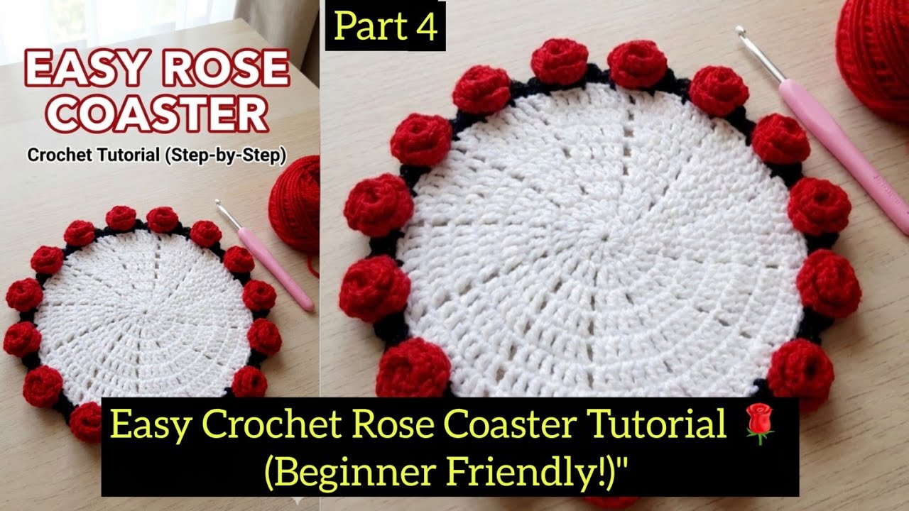 How to beautiful red rose coaster step by step part4#crochet #howtomakewoolenflower #handmade 