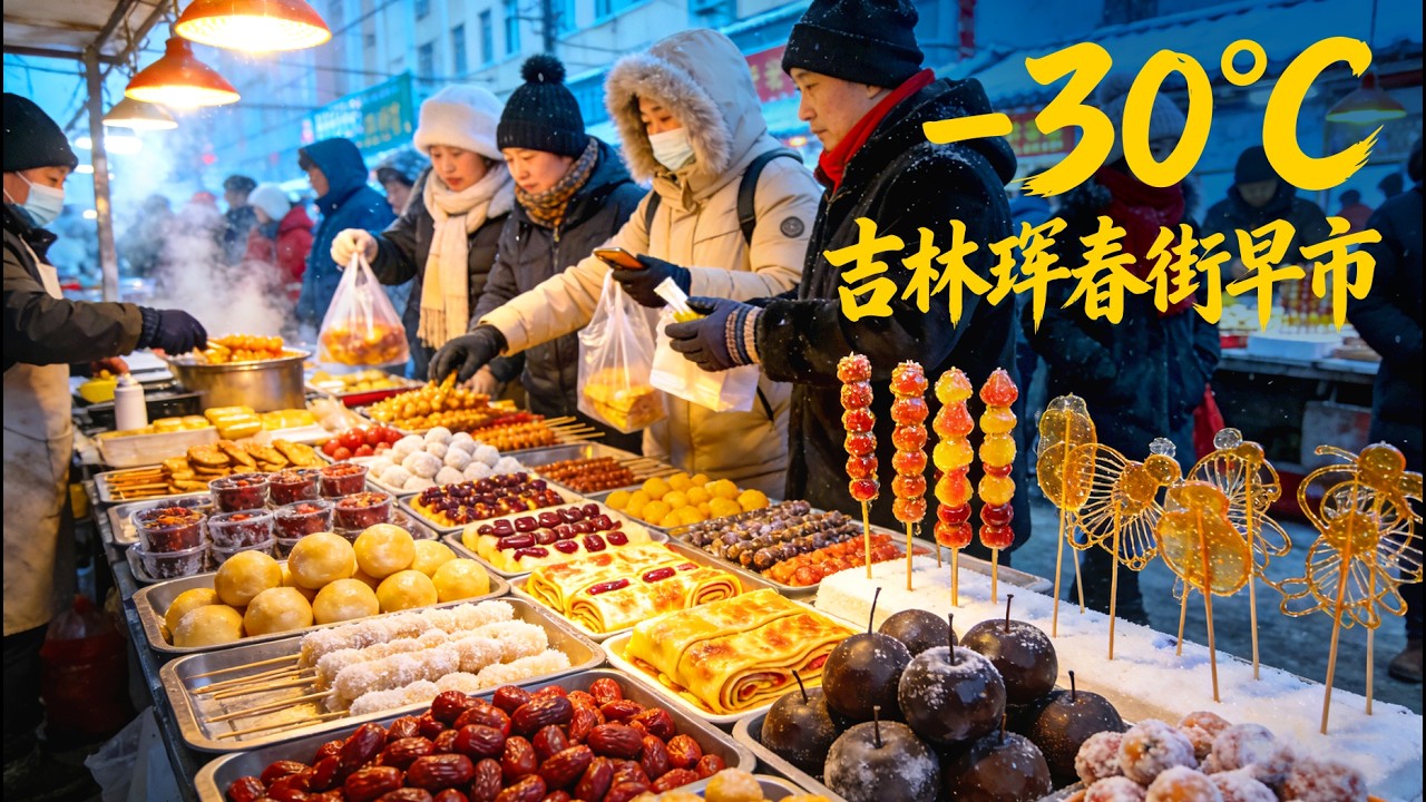 零下30℃的碳水狂欢就在吉林珲春街早市，中国真正的美食天花板！东北硬核早餐价格低到震惊！一口回到十年前！本地人的私藏！现压碴条、杀猪菜、煎粉、牛肉饼、苏耗子，玻璃叶饼、炉箅子香疯了，人们疯狂抢购