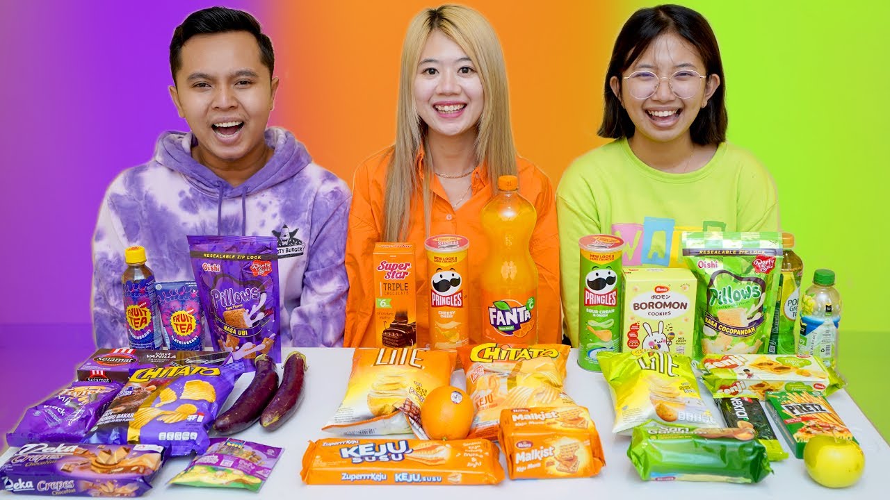 TANTANGAN MAKAN BUKA PUASA 1 WARNA UNGU, ORANGE DAN HIJAU!!