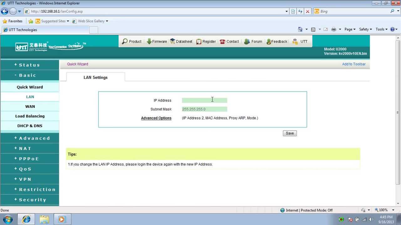 How to change LAN IP address on UTT router?