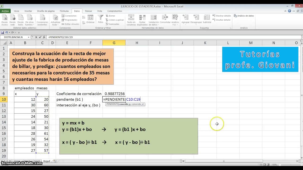 Correlación y regresión lineal en excel