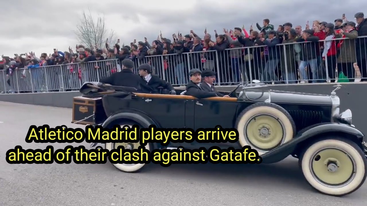 Atletico Madrid players arrive at the stadium against Gatafe, escorted in a Peaky Blinders style