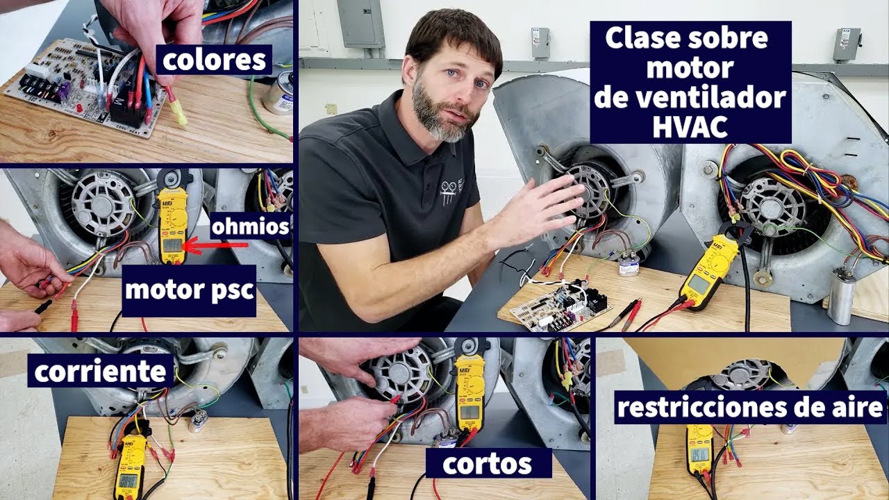 Clase sobre motor de ventilador HVAC. Velocidad, colores, corriente, cortos y restricciones de aire