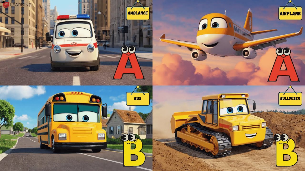 ABC Vehicle Phonics Song for Kids | 52 Fun Transport Names with Sounds & Rhymes | UZR Learning #abcd