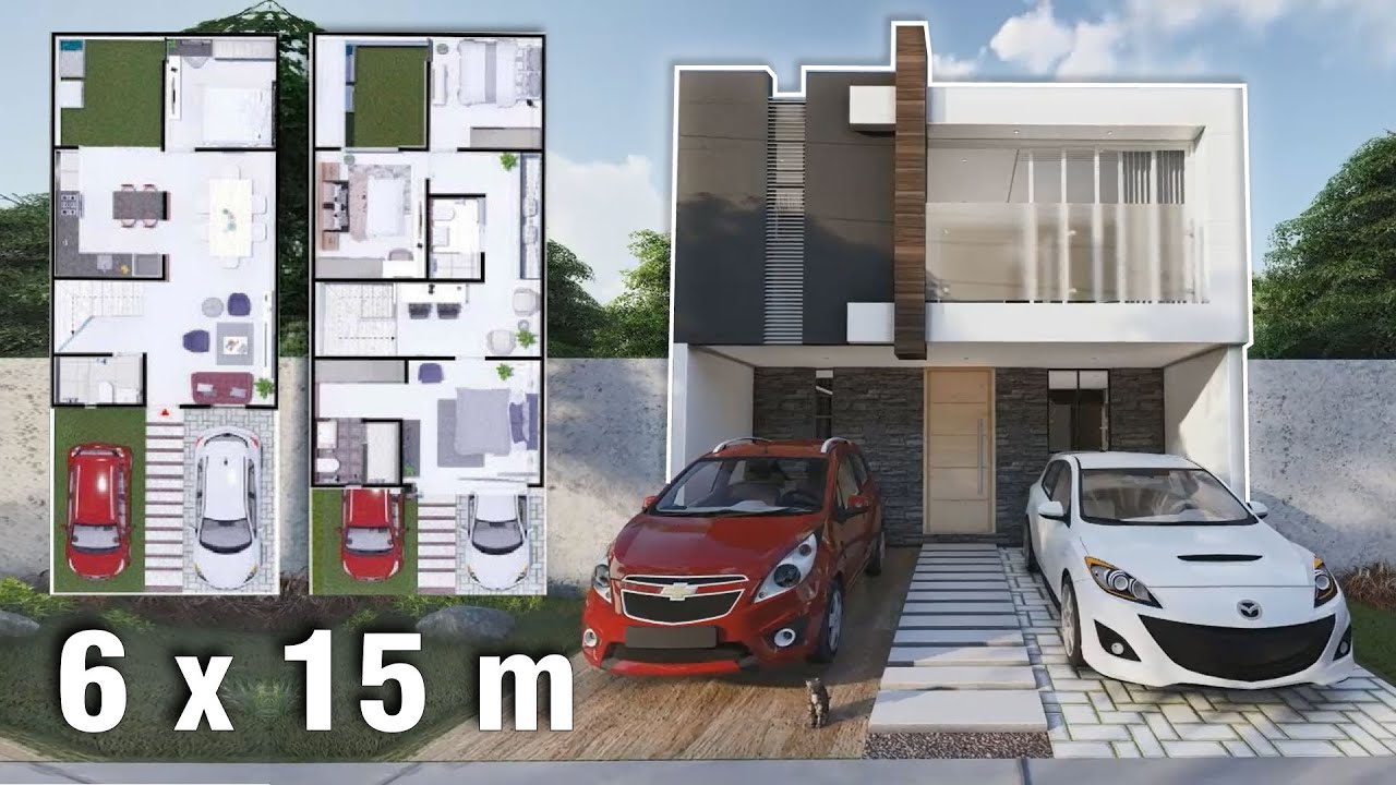 Plano de casa unifamiliar 6x15 metros | 4 recámaras | HOUSE PLANS 3D