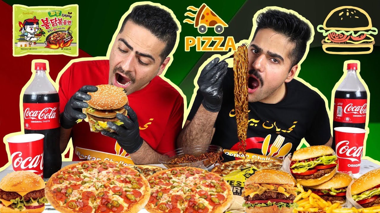 تحدي الوجبة المتنوعة من البيتزا باشاورما والبركر العملاق والاندومي الكوري Random MEAL CHALLENGE