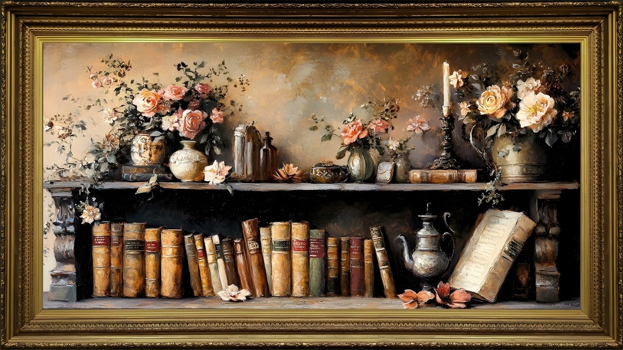 Bookshelf and Blooms, Vintage Oil Painting | Gold Framed TV Art Screensaver