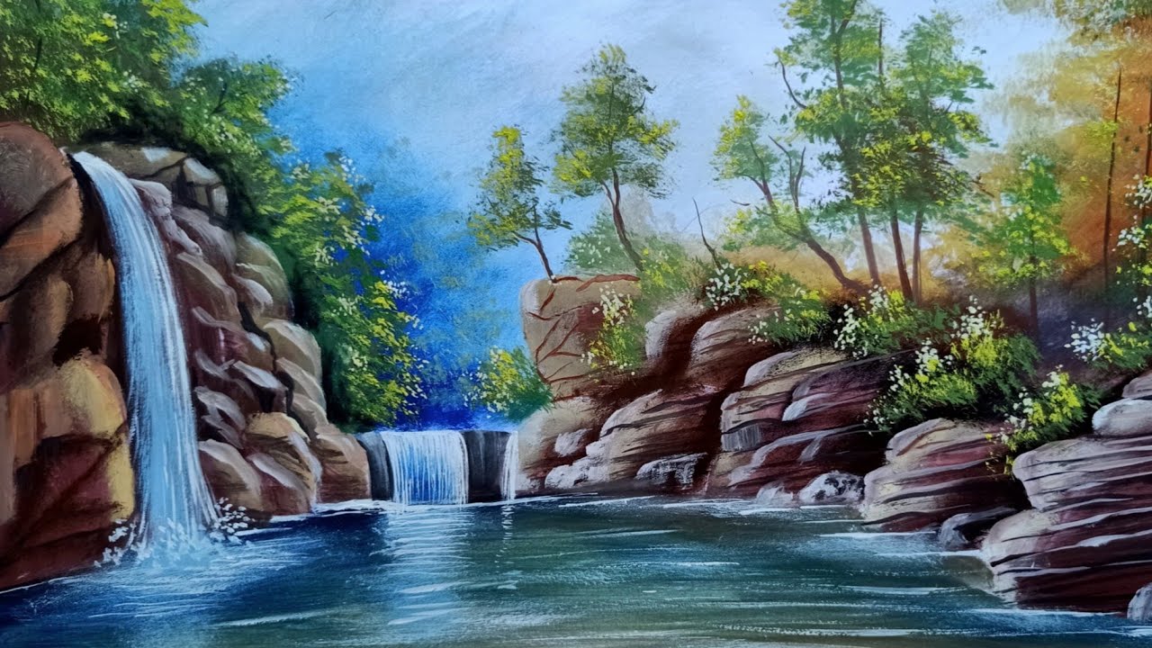 Rock in a landscape | Time lapse | Painting tutorials for beginners