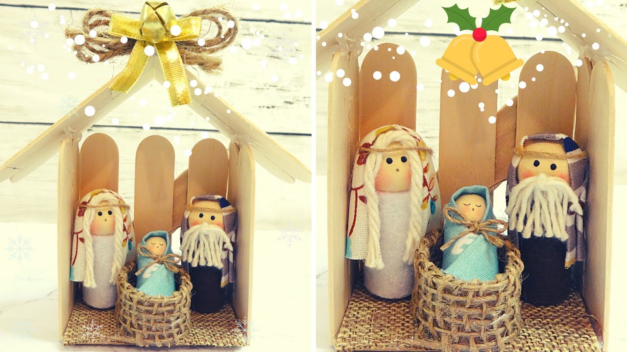 Nacimiento navideño de FIELTRO y tubos de cartón/PESEBRE con material reciclado y PALITOS de paletas