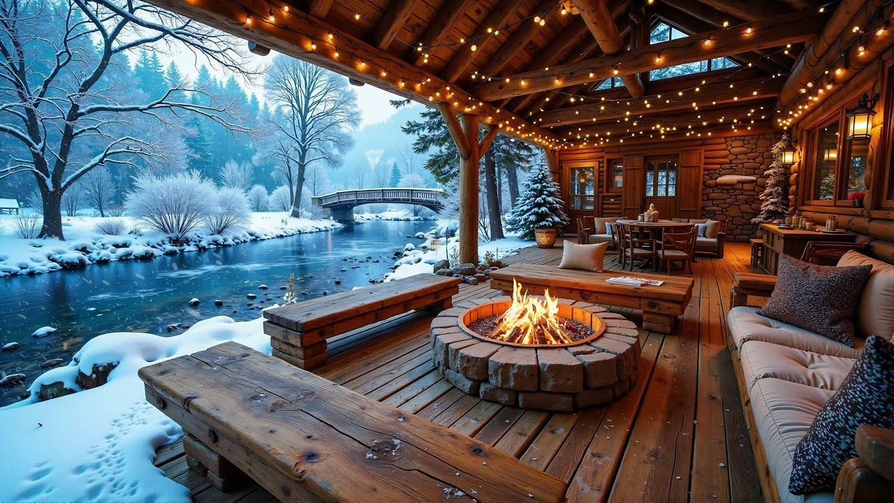 Relaxing Winter Ambience at Cozy Fireside Porch ❄🔥 Soothing Piano Music Background for Relaxation