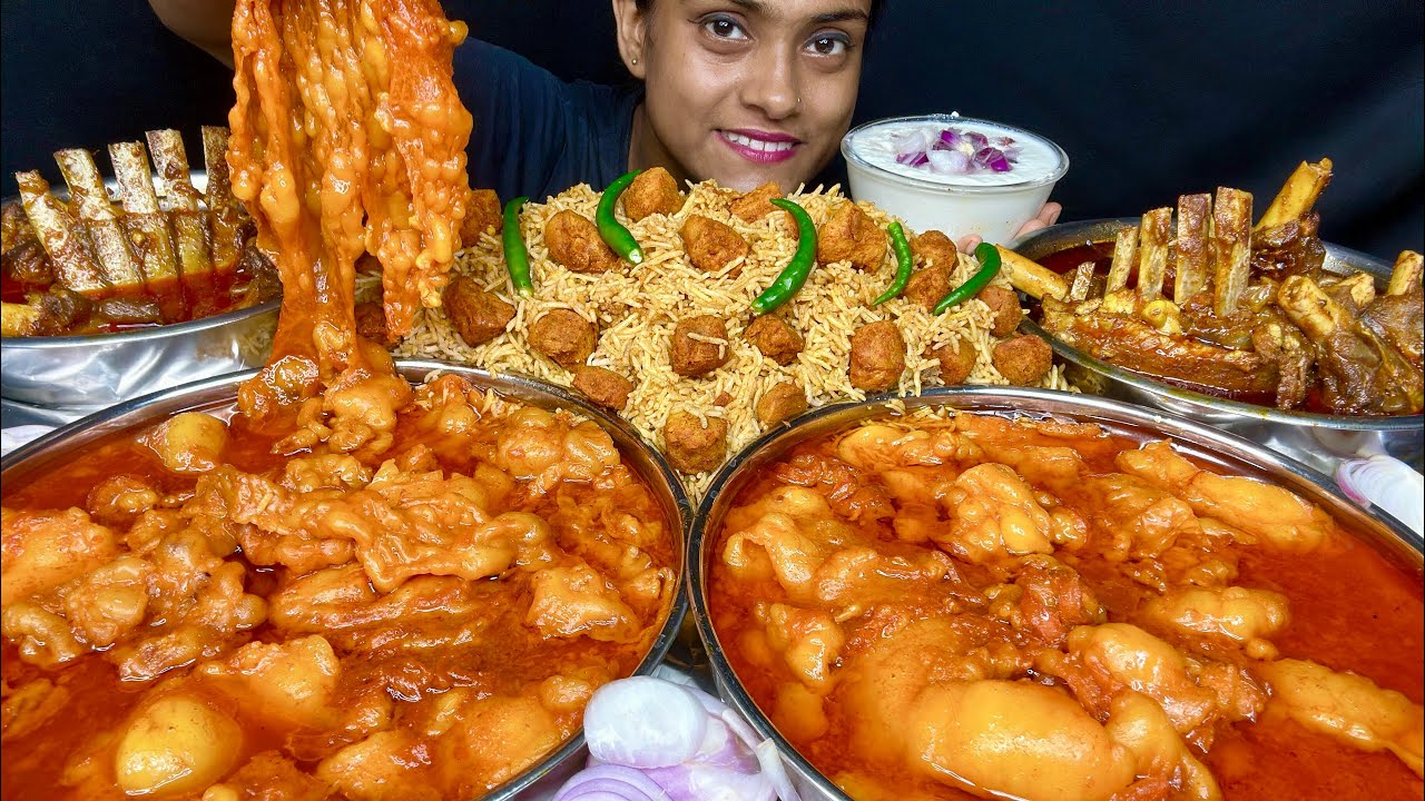 Spicy Mutton Fat Curry Spicy Mutton Curry With Soya Biryani Onion Raita Eating Mukbang Spicy Eating