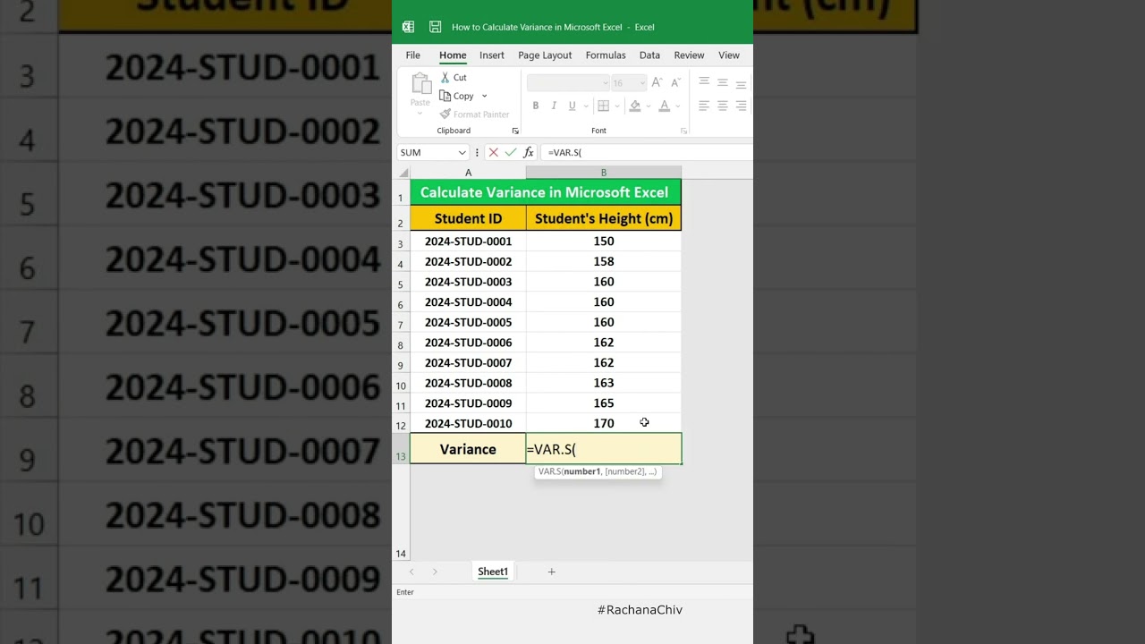 How to Calculate Variance in Microsoft Excel #excel #shortvideo #shorts