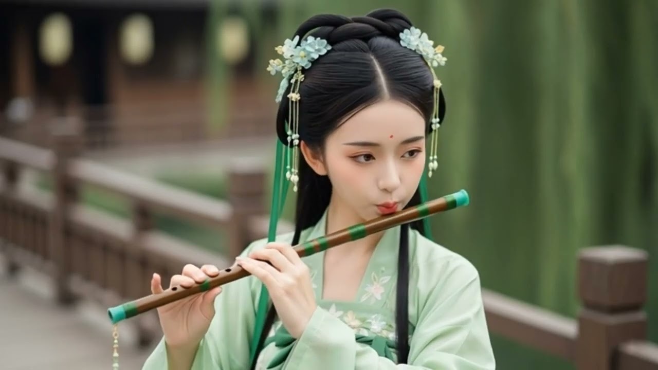 A Lovely Girl Playing the Flute Under the Blue Sky