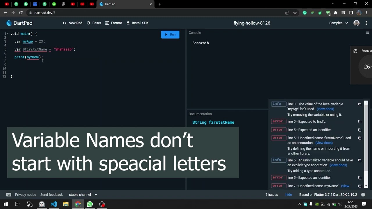 Variables and their naming rules in programming  | Flutter App Development | Dart Programming