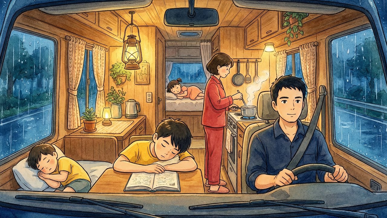 Family Road Trip Overnight in the Car During Rainy Season, Studio Ghibli Style 