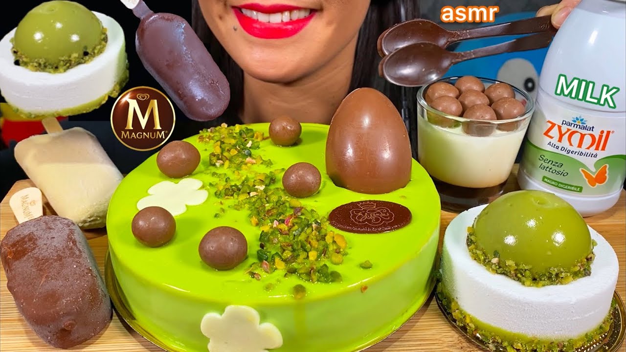 ASMR CHOCOLATE & PISTACHIO PARTY (MOUSSE CAKE, MAGNUM ICE CREAM, MALTESERS) MASSIVE Eating Sounds