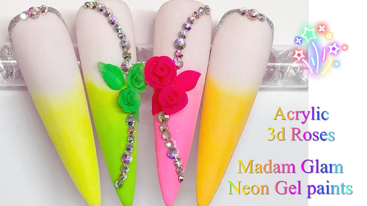Neon 3d Roses Nail Art | Madam Glam Neon Gel Paints | Nail Sugar | Elaine.J Nail Artist