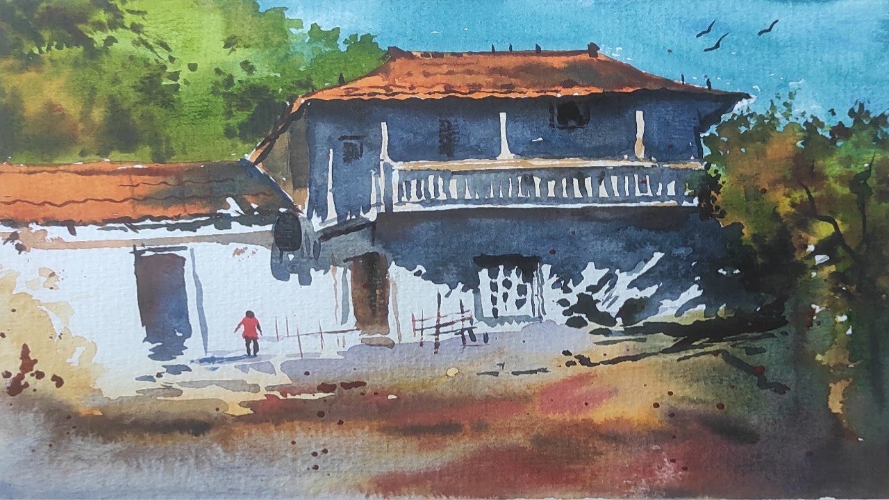 How To Paint Watercolour Landscape For Beginners || Watercolor Landscape Painting || village Art |