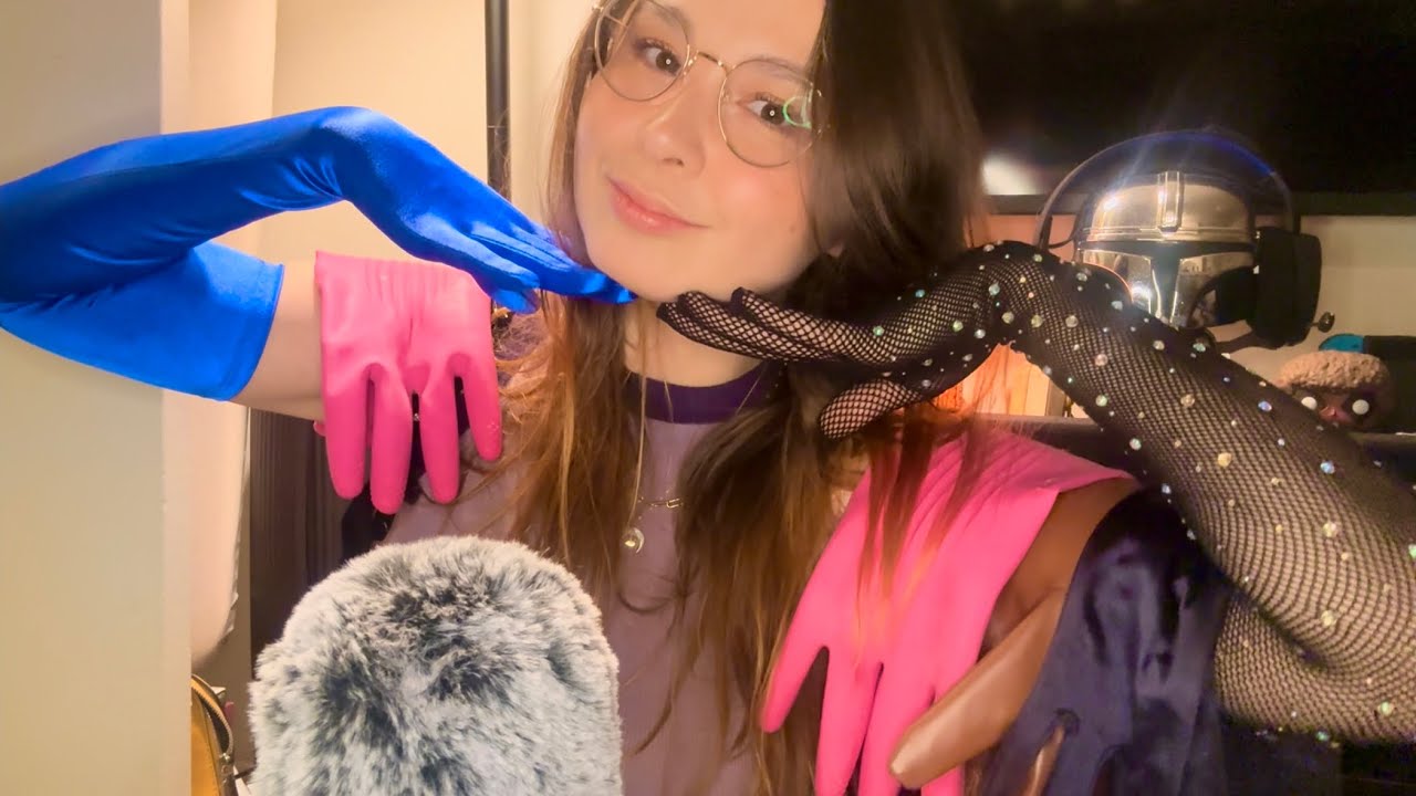 asmr glove sounds 🧤satin, leather, fishnet rhinestones, rubber and hand movement