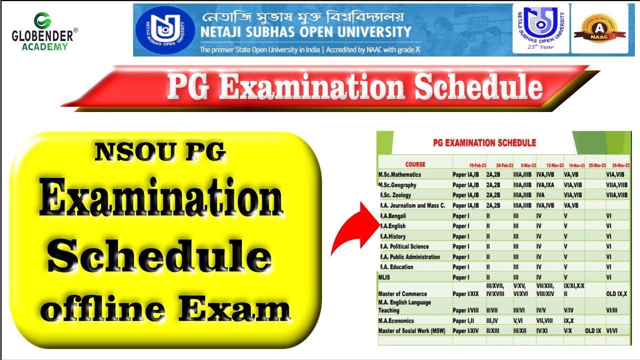 Nsou Pg Exam Schedule Routine MA, M.Sc. M.Com MLIS MSW Netaji Subhas Open University PG Examination