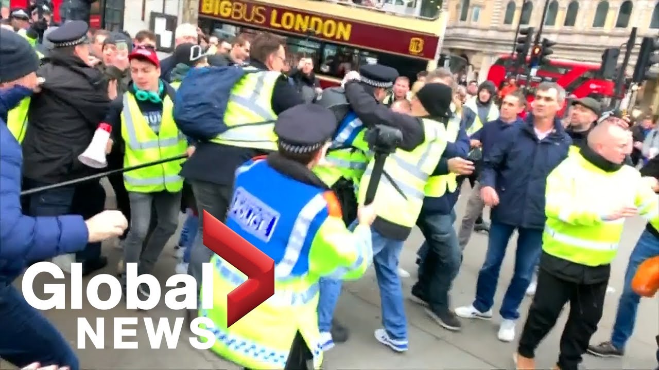 Scuffles break out at pro-Brexit, yellow vest rally in central London