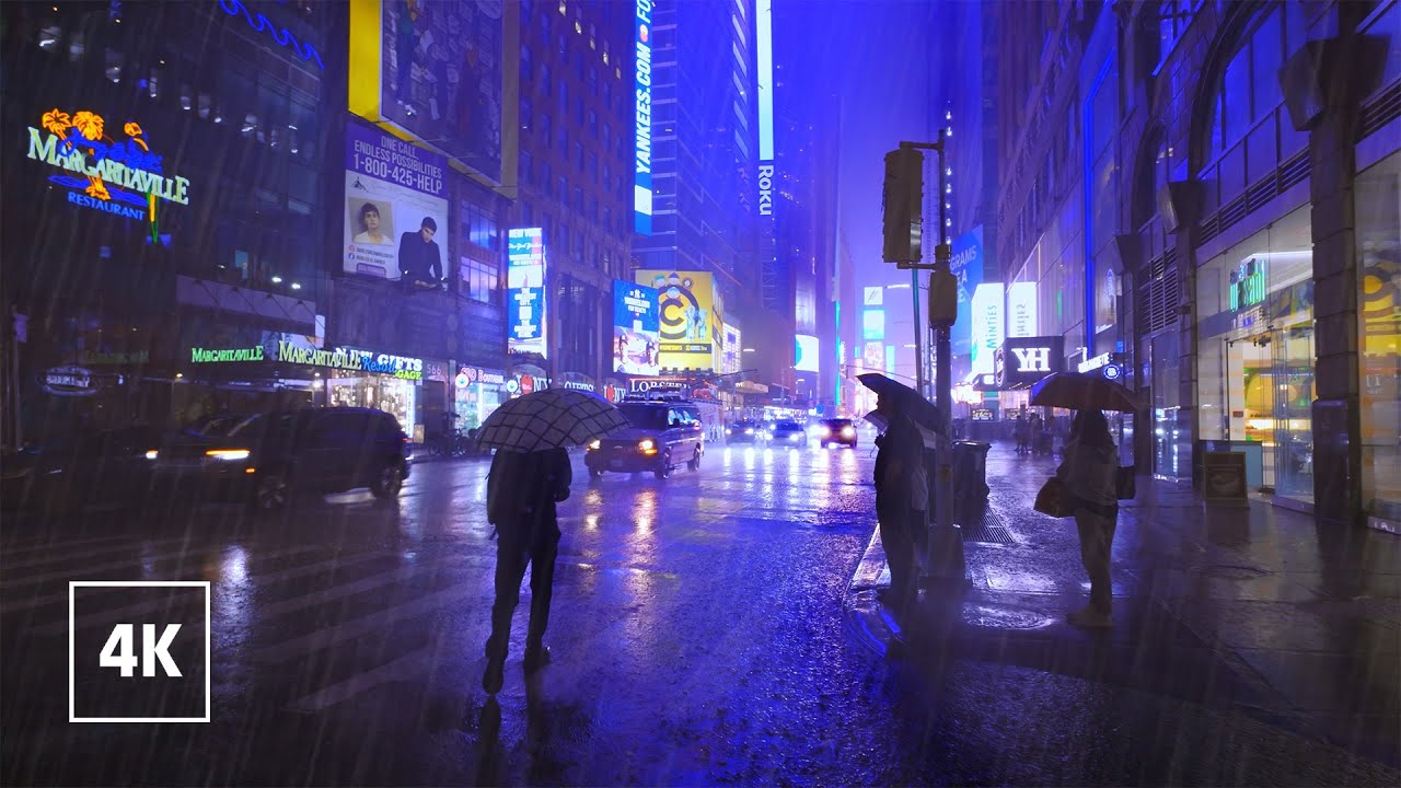 Lonely Night Walk in Heavy Rain in NEW YORK ☔️ Umbrella Thunderstorm Sounds For Sleeping