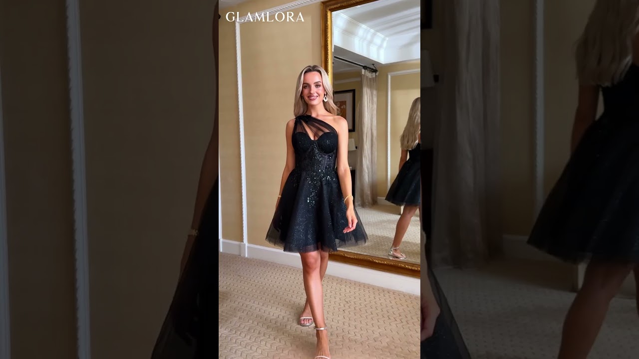 Glamlora Elegant A-line One-Shoulder Corset Sequin Short/Mini Tulle Dress GLY25H0082
