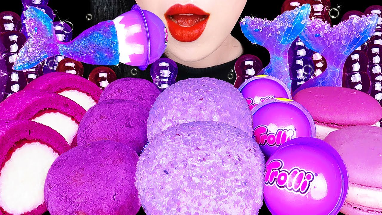 ASMR PURPLE FOOD 보라색 디저트 먹방 SNOWBALLS, MERMAID CANDY, TANGHULU, PURPLE GUMMY EATING SOUNDS MUKBANG먹방