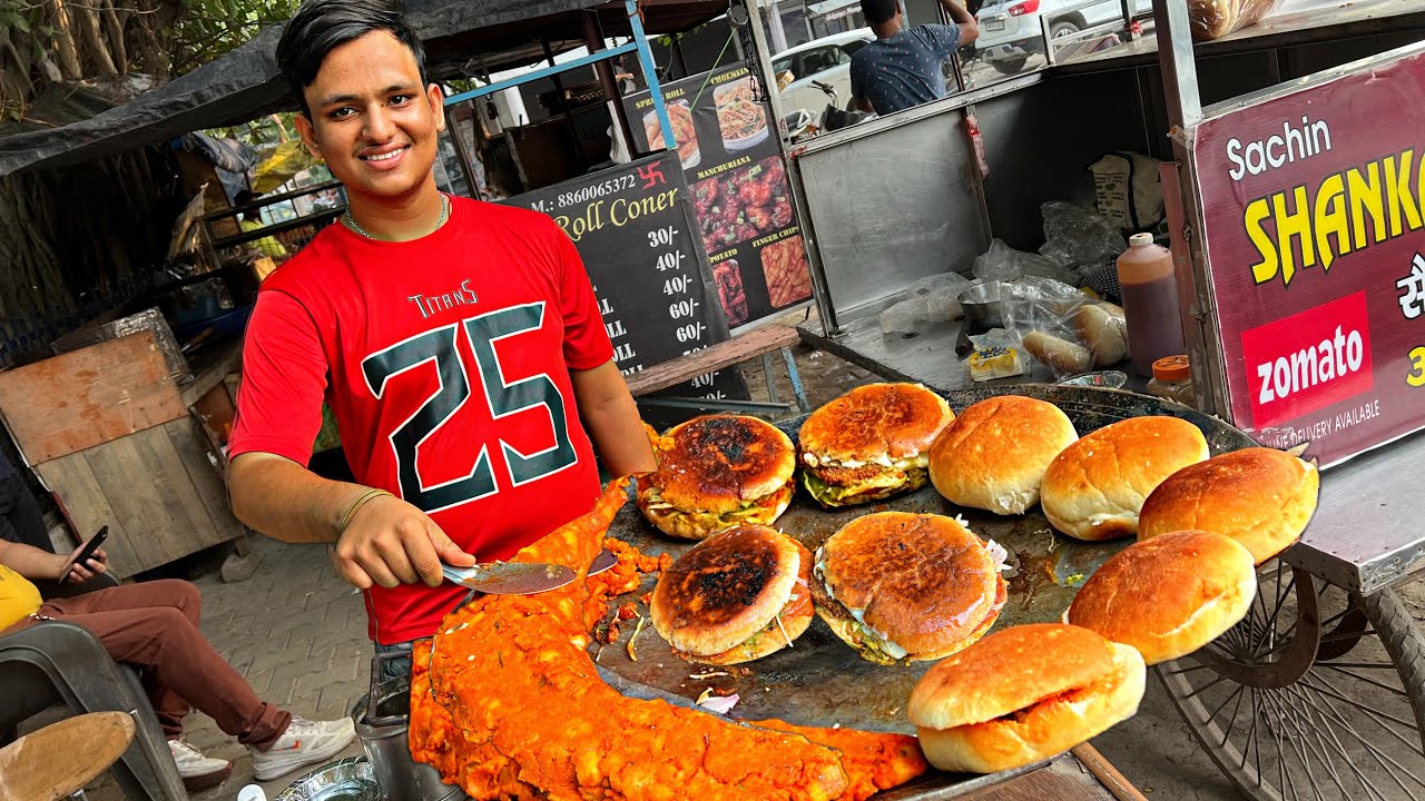 17 year old selling Heart attack Jumbo Jet burger । पढ़ाई के साथ काम। Faridabad street food india