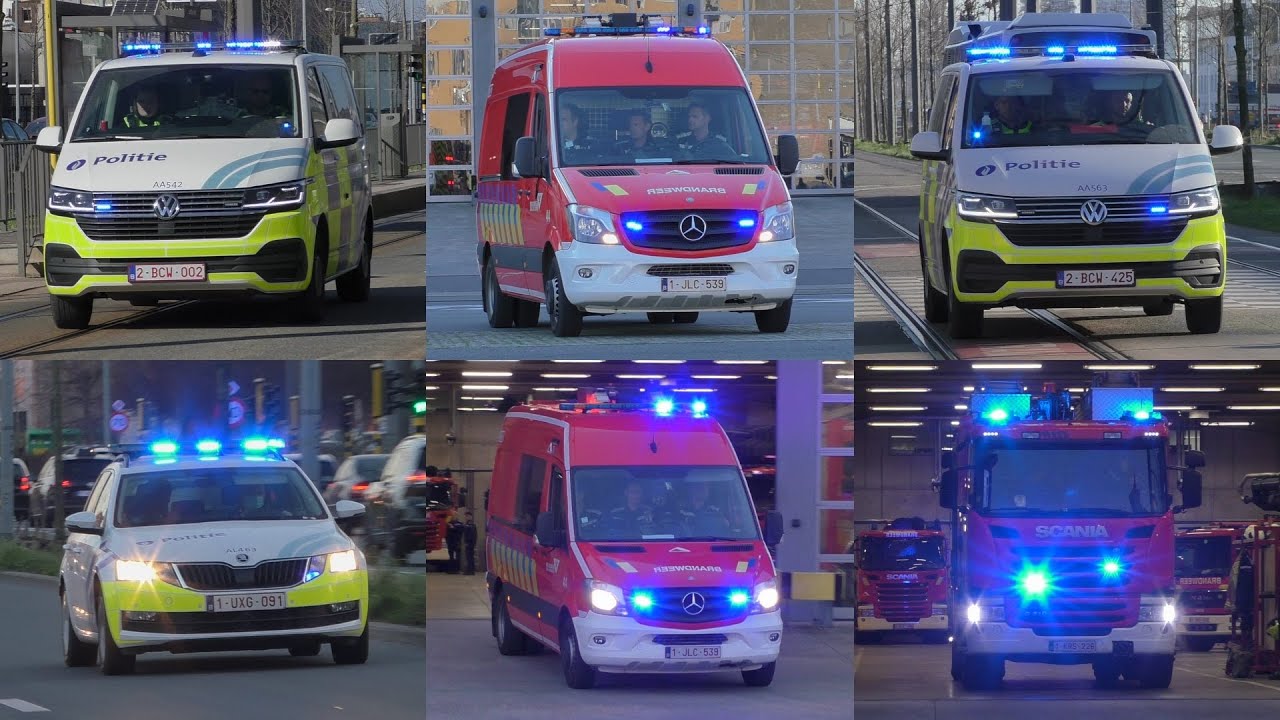 Diverse Politie, Brandweer & Ambulance voertuigen met spoed onderweg naar Interventies in Antwerpen