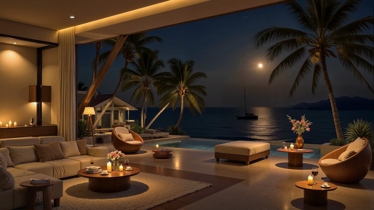 Elegant Jazz Night in Tropical Beachfront Villa | 4K Relaxing Music | Moonlight Ocean Chill 🎷🌴🌙