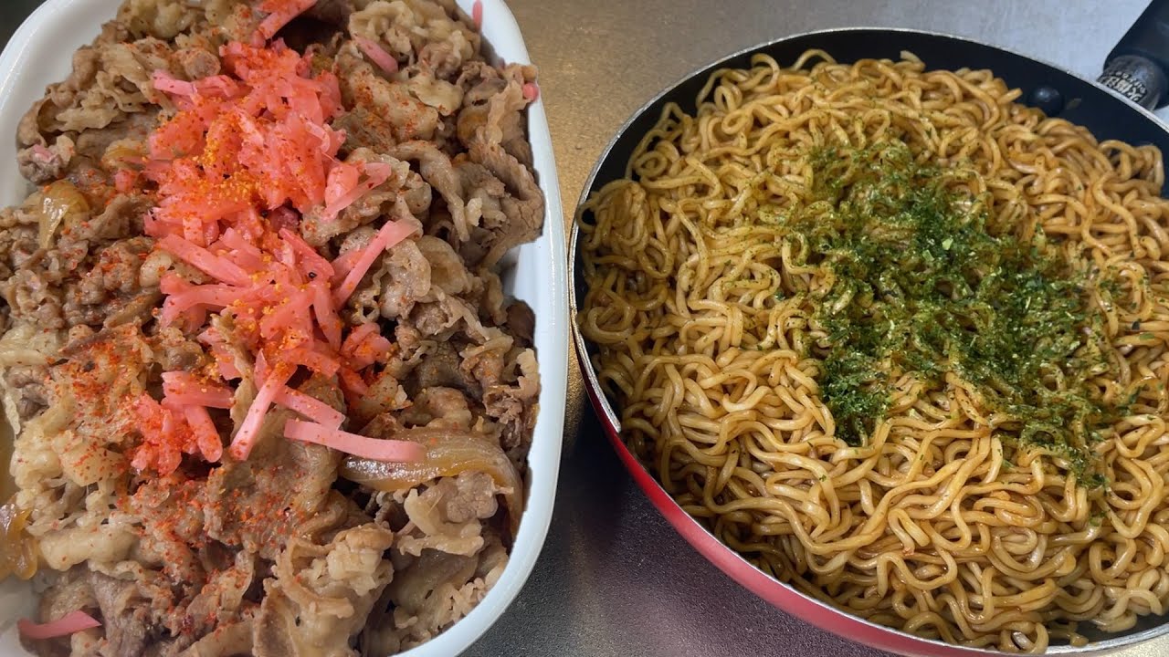 【男飯テロ】飾らないメガ盛り牛丼と日清焼そばが本当に美味かった。