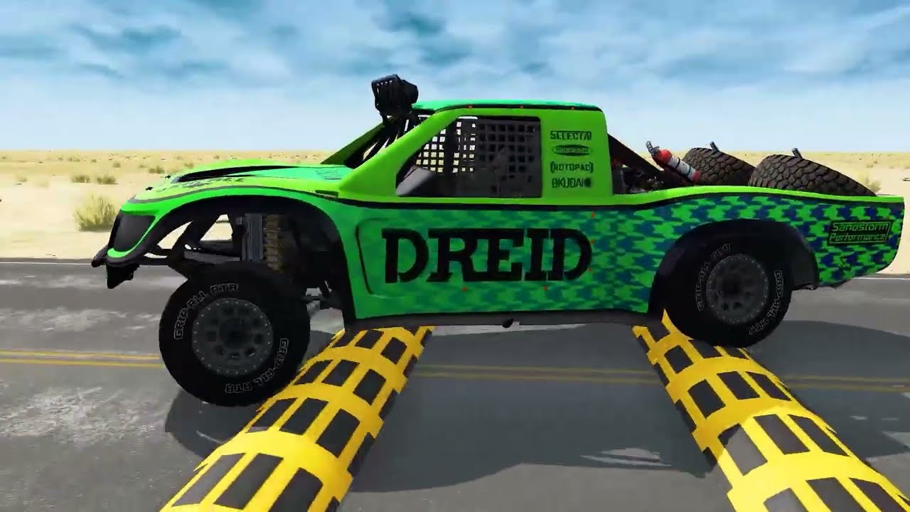 Triple Flatbed Trailer McQueen Transportation with Truck - Speedbumps vs Cars vs Train - BeamNG #6