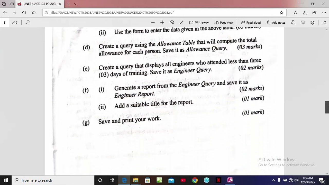 UNEB UACE ICT P2 2025 NO.2 Draft Guide - Microsoft Access or Database 