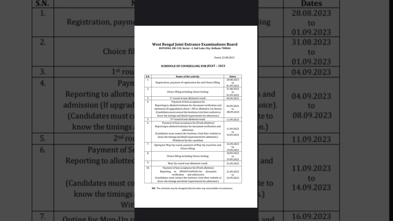 COUNSELLING Schedule of JELET 2023
