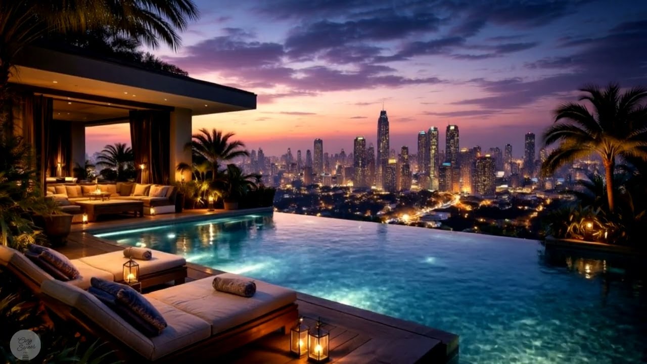 Rooftop Lounge overlooking City with an Infinity Pool Chillhop LoFi House Music