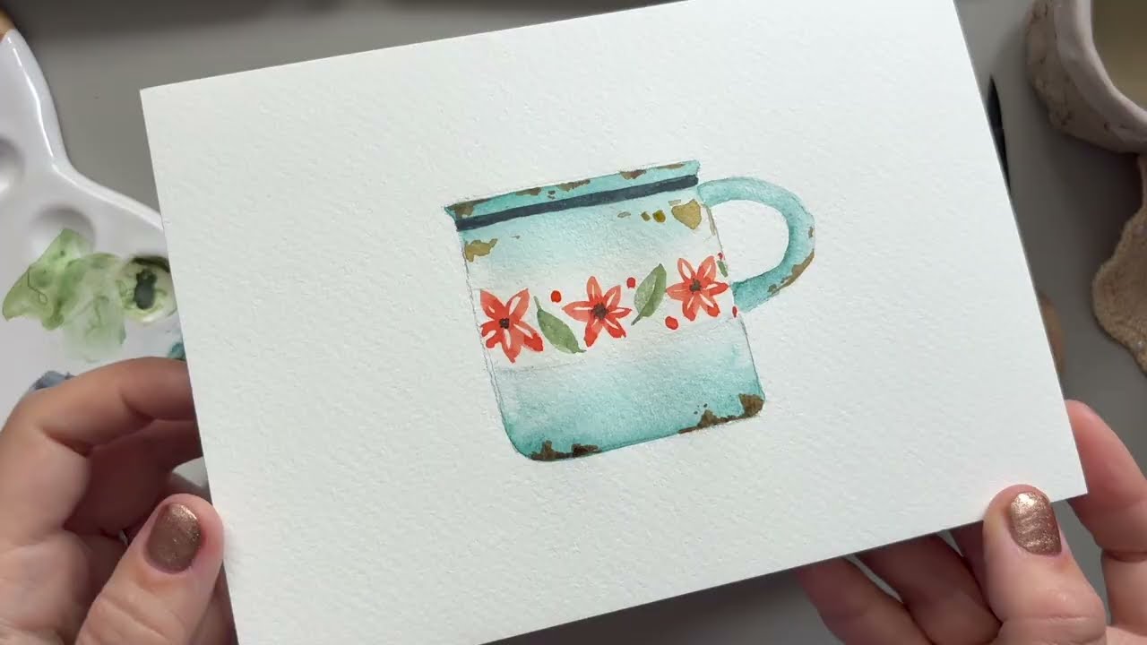 ☕ Rustic Blue Mug – Easy Watercolour with Rust & Floral Design