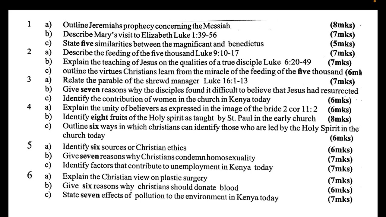 CRE PAPER 2 K C S E  REVISION 1 | cre paper 2 | cre paper 2 topical questions | paper 2 rev 4 part 1