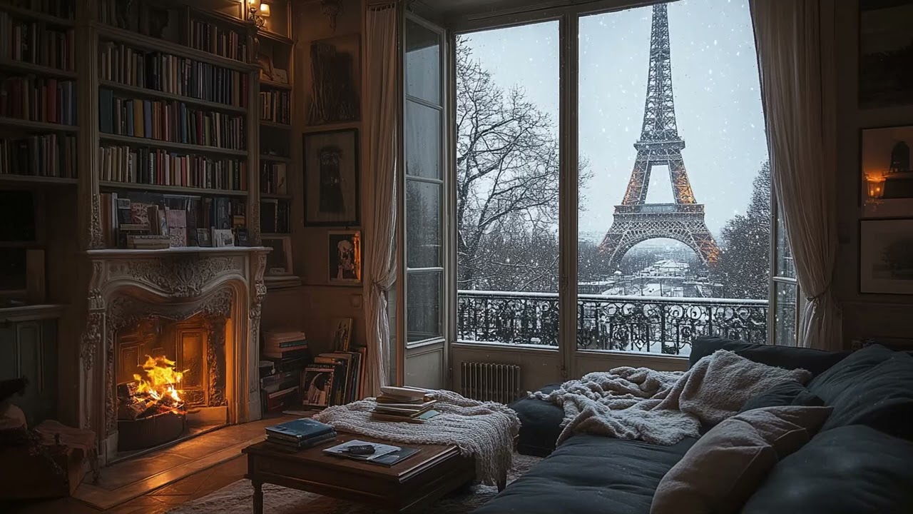 Paris Winter Window View ❄️ Snowfall Ambience with Eiffel Tower & Cozy Fireplace