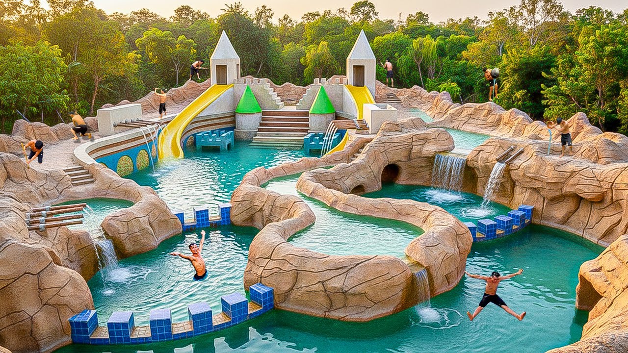 250 Days Building an Epic Water Slide Castle with Multi-Level Pools Using Primitive Tools