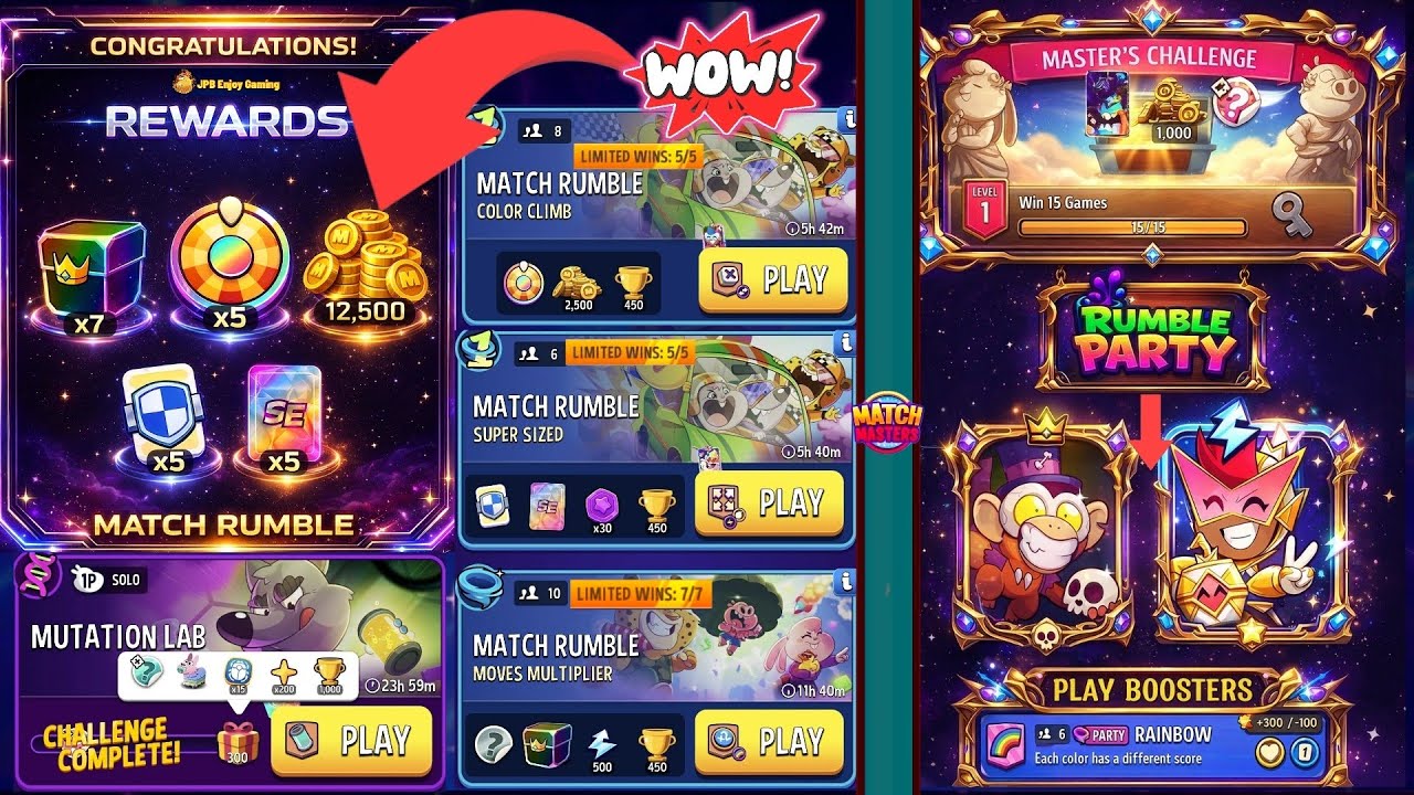 🎁Collect Rewards~Match Rumble Today🔥 Mutation Lab/ Party Today/ Master's Challenge Complete ✅