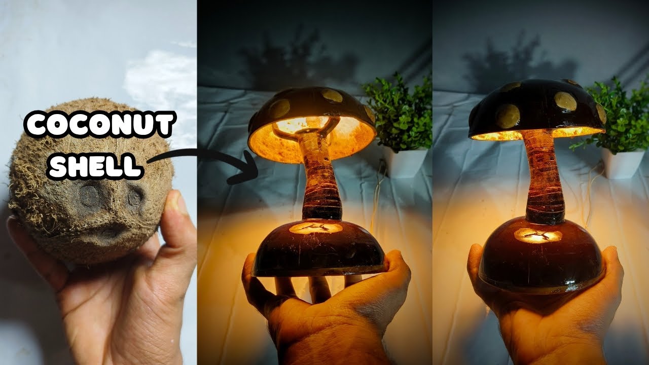 how to make a coconut shall 🍄mushroom model table lamp🥥 | coconut shell craft |  table lamp