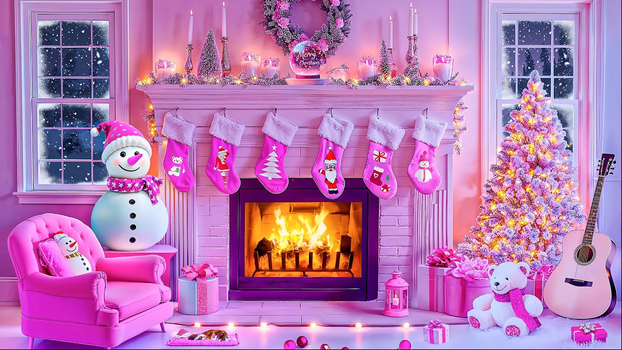 Cozy Pink Christmas Fireplace Ambience ☃️🎀 Instrumental Christmas Music 🎁🎄 Pink Christmas Background