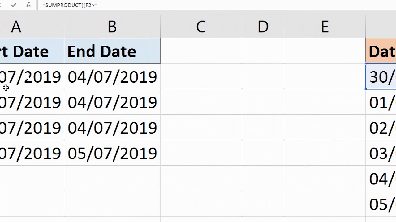 Count Occurrences of a Date in Date Ranges - Excel Formula