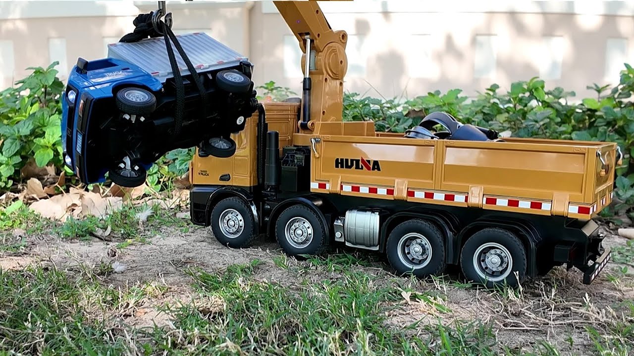 Epic RC Truck Recovery! HUINA 1538 Boom Truck Lifts Flipped Mini Truck.