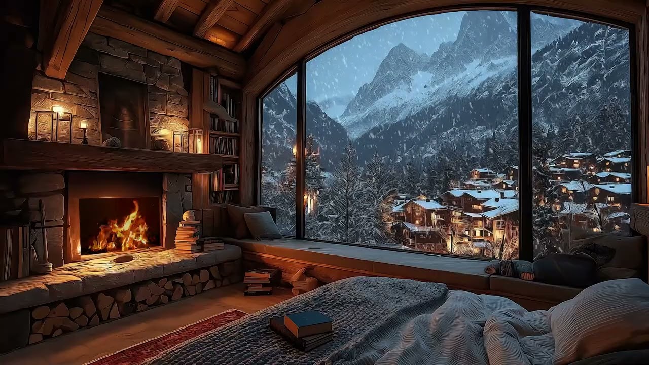 Winter Cabin Ambience with Fire Sounds and Gentle Snowfall for Sleep, Study and Stress Relief